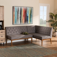 Baxton Studio BBT8051.13-GreyWalnut-2PC SF Bench Baxton Studio Riordan Mid-Century Modern Grey Fabric Upholstered and Walnut Brown Finished Wood 2-Piece Dining Nook Banquette Set